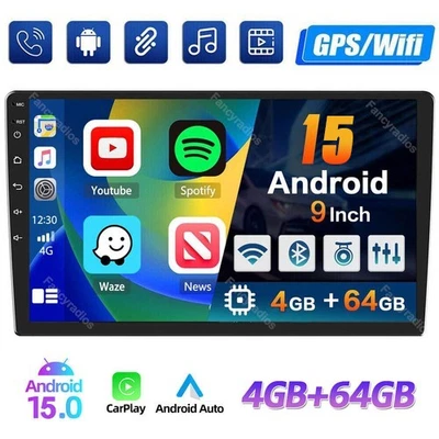 9inch Android 15 4+64GB Car Stereo Radio GPS WIFI Apple Carplay Double 2 Din BT - Image 1 of 4