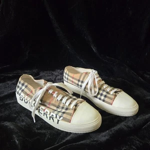 Burberry Larkhail Beige Check Canvas Logo White Cap Toe Unisex Sneakers 42 - Picture 1 of 6