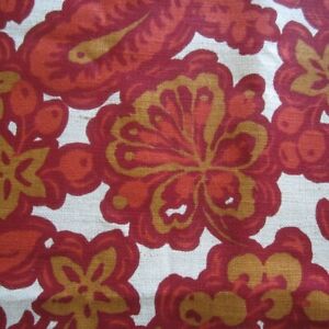 75cm x 69cm Vintage Linen Upholstery Fabric 1950s Orange Red Large Scale Floral