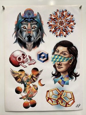 Pôster arte tatuador Jordan Mitchell desenhos geométricos tatuagem pássaros crânio - Imagem 1 de 4