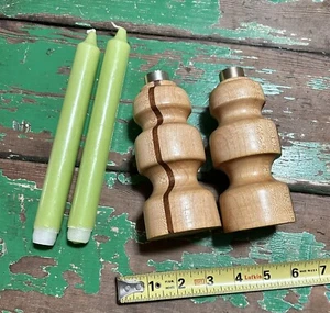 Vintage Oak Candle Holders (2) w/ Two Lime Green Candles - Picture 1 of 5