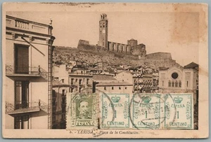 SPANIEN LERIDA PLAZA DE LA CONSTITUTION ANTIKE POSTKARTE mit BRIEFMARKEN - Bild 1 von 2