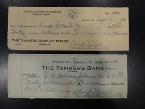 1929 Vintage abgebrochene Schecks The Tanners Bank Noxen PA. Newell's Service Station - Bild 1 von 3
