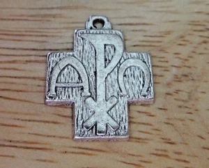 Pewter 20x16mm Chi Rho Alpha Omega Religious Symbol Cross Charm - Picture 1 of 7