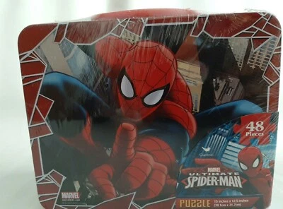 Marvel Spiderman 48 Piece Puzzle in Tin Lunchbox, Red, Blue, White Lunchbox Kids - Image 1 of 4