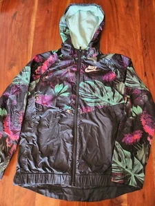Vintage Nike Girls Windbreaker Light Jacket Hooded Floral Black Multi Color XL - Picture 1 of 10