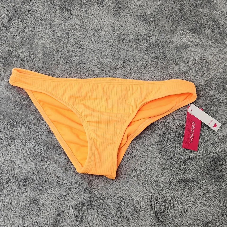 Juniors Ribbed Ruched Back Cheeky Bikini Bottom Xhilaration Neon Orange M