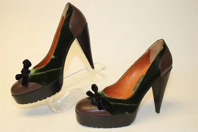 Lanvin 女式 5 36 码绿色天鹅绒棕色皮革厚底泵意大利制造鞋 — 第 1/4 张图片