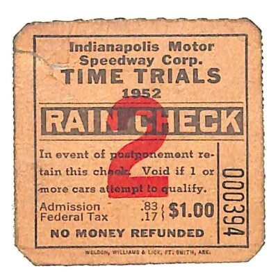 Boleto Indianapolis Motor Speedway 1952 Time Trails Rain Check carreras automáticas Foto 1 de 2