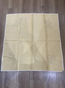 Vintage Ochre Linen, Square tablecloth Floral transfer printed & Lace Edged, New - Picture 1 of 9