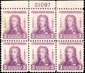 Scott # 726 - US Plate Block Of 6 - Gen James Oglethorpe- 3c Purple **MH**-1933 - Picture 1 of 1