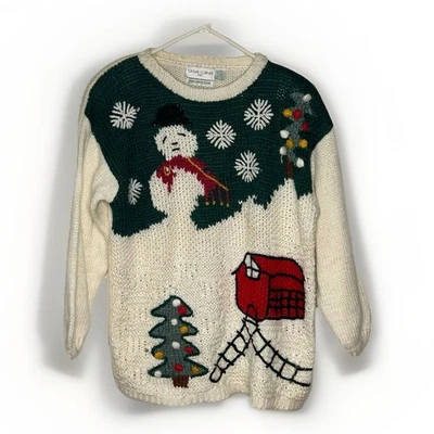 Suéter túnica navideña vintage informal de esquina talla M tejido a mano muñeco de nieve árbol Foto 1 de 4