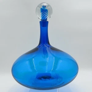 Vintage Blenko Joel Myers Era Cobalt Blue Large Art Glass Decanter Swirl Stopper - Picture 1 of 17