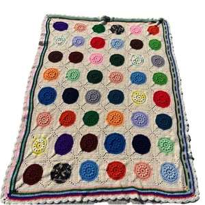 Vintage Handmade Crochet Blanket Afghan Granny Square Retro Polka Dot 64x47 - Picture 1 of 8