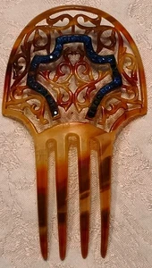 Antiker Zelluloid Schildpatt Haarkamm mit Schmucksteinen besetzt blaue Strasssteine Art Deco 5 Zoll - Bild 1 von 4