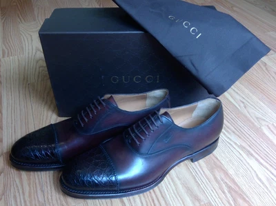 GUCCI ERA 汤姆·福特系带棕色/红色 CROCODILE/皮革男式牛津鞋 11.5 — 第 1/4 张图片