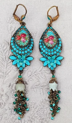 Brincos vitorianos Michal Negrin contas de cristal turquesa gota longa pendurada década de 1990 - Imagem 1 de 4