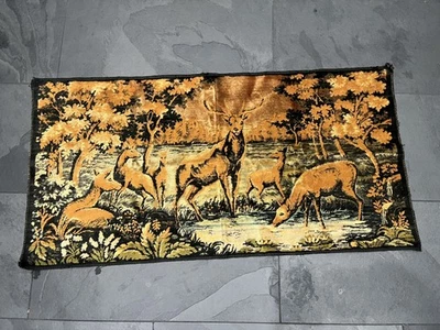 1970s Deer Forest Woods Velvet Tapestry Rug Wall Picture 19x38” MCM... - Image 1 of 4