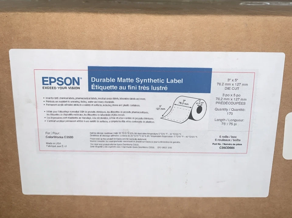 Epson TM-3500 Printer Durable Matte Synthetic Labels 3x5 Inch (DIE CUT) - Image 1 of 2