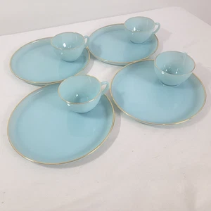 Anchor Hocking Fire King Ofengeschirr USA blau 4 Tassen Teller 9" Goldrand Snack Set - Bild 1 von 7