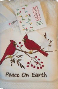 Red Cardinals Peace On Earth 2 Embroidered Kitchen Christmas Towels - Picture 1 of 6