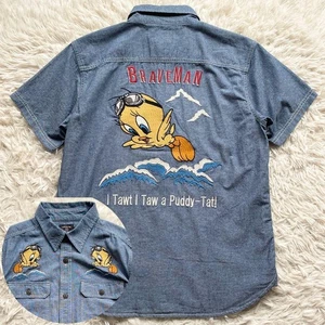 THE BRAVEMAN Chambray short-sleeved shirt, embroidered, indigo blue men's size M - Picture 1 of 10