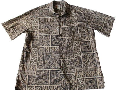Camisa Hilo Hattie Hombres XL Campamento Hawaiano Negra y Tostada Tribal Tiki Polinesia Tapa Foto 1 de 4