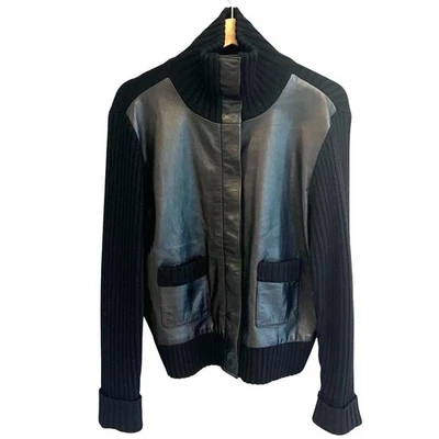 Context Womens Black Leather Wool Knit Cardigan Jacket Sz L Black Y2K Minimalist - Image 1 of 4