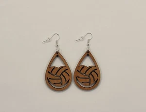 Volleyball Love Teardrop 2 Laser Cut Alder Wood Earrings, Hook Style - Picture 1 of 1