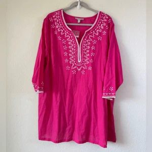 Woman Within Women’s Pink Embroidered Cotton 3/4 Sleeve Tunic Blouse Size 1X NWT - Picture 1 of 6
