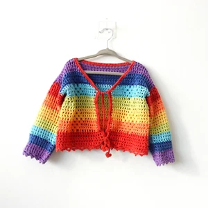 Rainbow Cropped Sweater Girls XL Cardigan Handmade Crochet Bold Open Boho Y2K - Picture 1 of 11