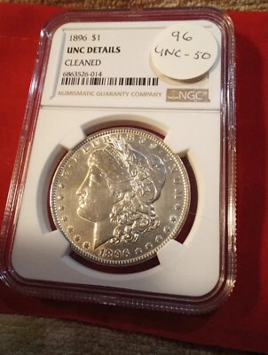 1896 p Unc Ngc Athntc.  Morgan slvr Dlr. Gently Clnd. See Pics. Fr Ship.#96unc50 - Image 1 of 4