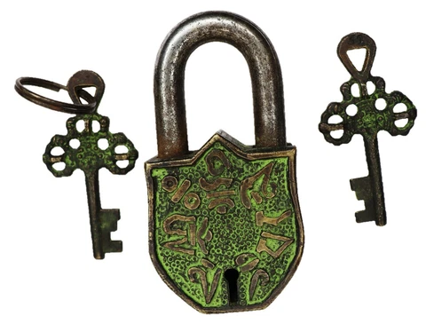 Tibetan Symbol Engraved Antique Victorian Style Padlock Handmade Brass Door Lock Cover