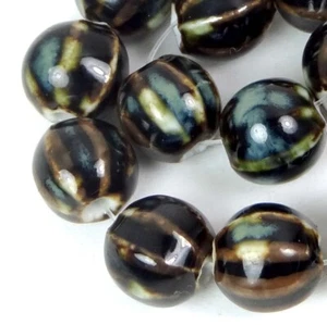 12 Forest Picasso Glazed Porcelain Pumpkin Melon Corrugated Round Beads 10mm - Picture 1 of 4