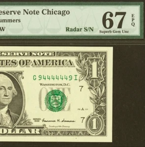 1999 $1 Federal Reserve Note PMG 67EPQ 2nd finest super radar serial number - Picture 1 of 4