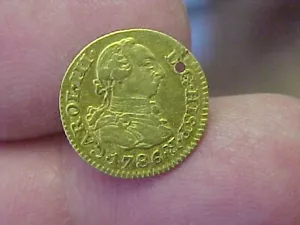 SHARP 1786 1/2 ESCUDO SPAIN GOLD COIN PIECE CHARLES III M DV KM425.1 OLD HOLE - Picture 1 of 8