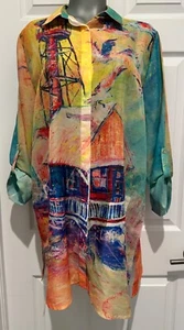 LEOMA LOVEGROVE Colorful Artsy Roll Tab Sleeve Button Up Oversized Tunic L - Picture 1 of 5