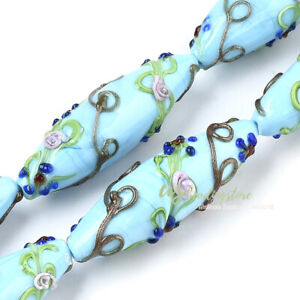 10pcs/Strd Handmade Lampwork Glass Rice Beads w/ Flower Big Charms Spacers 45mm