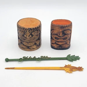 Set of 2 - Tiki Mask Toothpick Matches Holder Shot Glass + Swizzle Sticks - Picture 1 of 9
