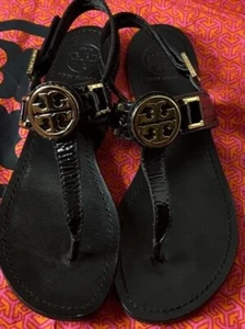 Tory Burch Buckle Patent Leather Sandals Black Strappy Size 8M - Picture 1 of 7