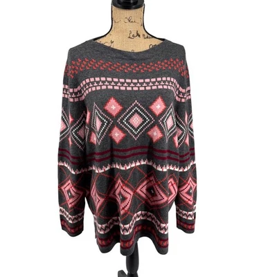 Suéter Pullover Geométrico Talbots Mujer 2X Gris Rosa Mezcla Lana de Cordero Fair Isle Foto 1 de 4