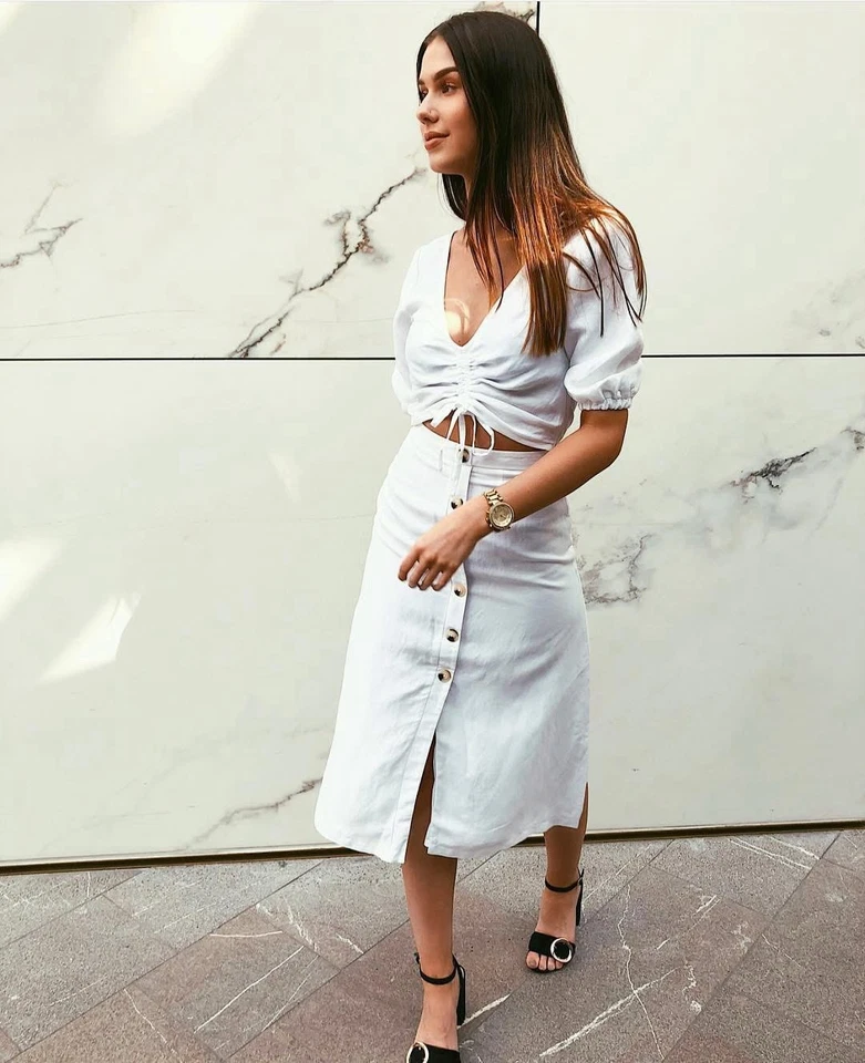 Юбка Kookai миди белая льняная смесь на пуговицах спереди трапециевидная размер 40 повседневная базовая - Изображение 1 из 4