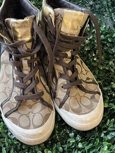 Coach Shoes Womens 10 Norra Signature C Logo High top Metallic Gold Khaki - Picture 1 of 9