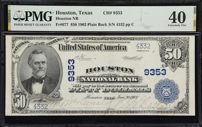 $20 1902 Plain Back Fr. 677 National Bank Houston, TX .Charter #9353  PMG 40 - Image 1 of 3