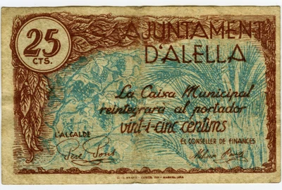 # SPAIN CIVIL WAR 1937 • ALELLA 25 CENT MUNICIPAL ☆ GUERRA CIVIL ESPAÑOLA ☆D1395 - Image 1 of 2