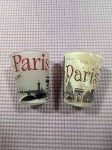 Pair Of Sm Frosted Shot Glass Souvenir Of Paris France Hearts Eiffel Tower 1.5oz - Picture 1 of 7