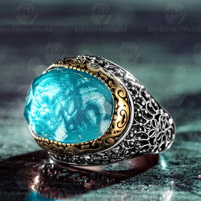 Anillo turco hecho a mano de plata de ley 925 con piedra aguamarina facetada curva para hombre Foto 1 de 4