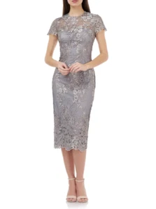 JS COLLECTIONS Taupe Black Sheer Illusion Embroidered Lace Scalloped Dress 2 XS - Picture 1 of 11