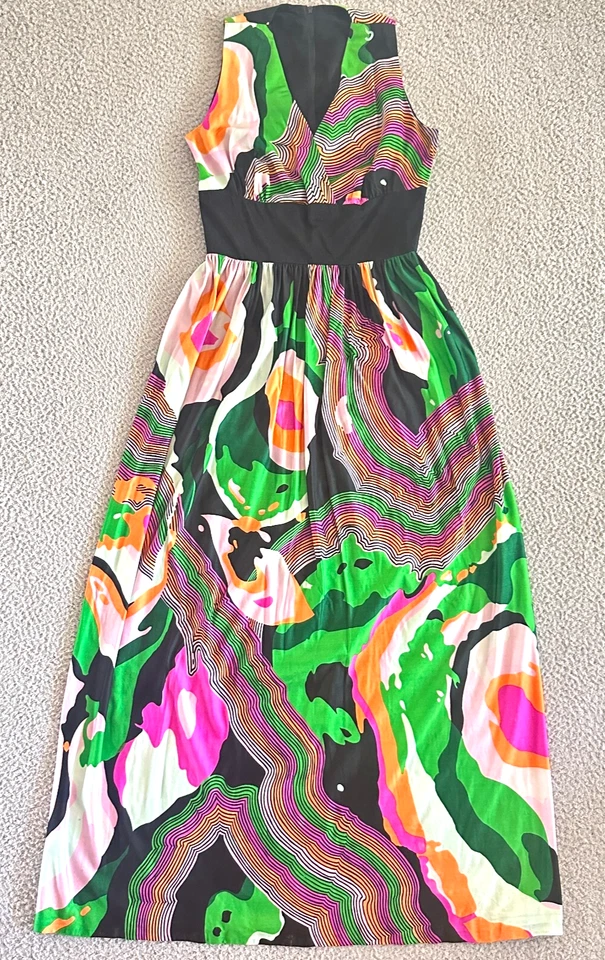 Maxi Vestido Psicodélico Vintage Años 70 Rosa Neón Verde Naranja Negro Foto 1 de 4