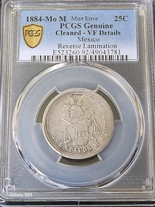 1884-Mo M 25 Centavos Mexico PCGS VF Details Mint Error Reverse Lamination - Picture 1 of 9